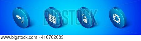 Set Isometric Diving Mask And Snorkel, Ship Bell, Lifebuoy And Calendar Icon. Vector