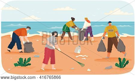 People Volunteering Collect Garbage Ontaminated Areas Of Sand On Shore. Characters Throwing Trash