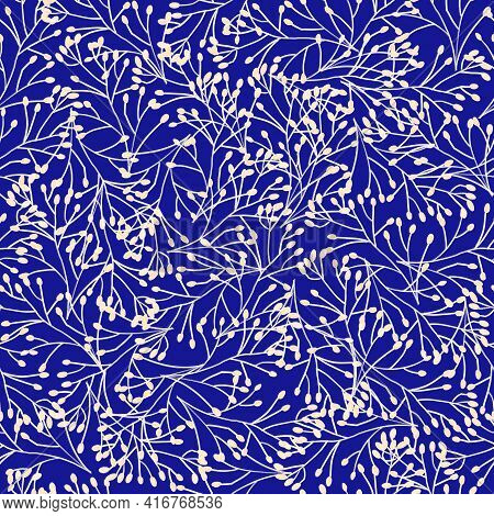 Seamless Pattern Dense Grass Plants Ornament, Leaves Branches Royal Blue White. Repeating Floral Nat