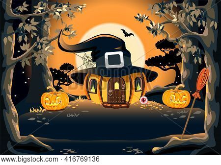Happy Halloween Vector Background For Poster Or Invitation With Folge Witch House Standing In Dark F