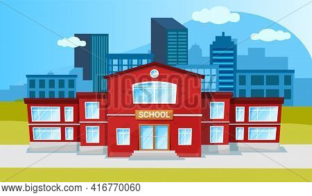 School Building Two-story Red Construction Cartoon Flat Style. Sructure For Children In Cityscape