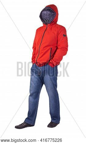 Dark Blue Jeans, Black Leather Shoes,red Jacket With A Hood Isolated On White Background. Casual Sty