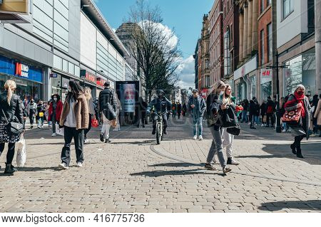 Manchester, England, Uk - 12 April, 2021 Open Shops After Lockdown. City Centre Of Manchester, Peopl