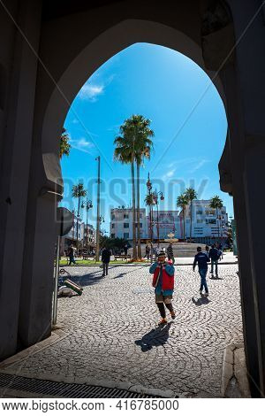 Tangier, Morocco - 17 October, 2019: View Of Grand Socco Through The Historic Arched Gate In Medina 