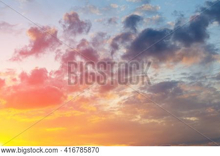 Sunlight And Sun Rays Break Through The Clouds. Sunset Time, Summer Mood. Beautiful Vibrant Evening.
