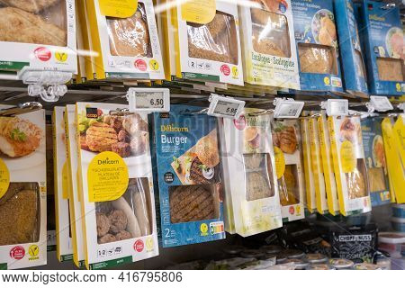 Lucerne , Switzerland - February 23, 2021: Various Large Selection Of Vegan Foods On The Rack Of A S