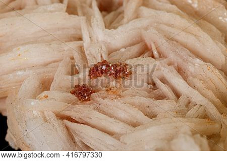 Macro Stone Vanadinite Baryte Mineral On A Black Background