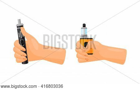 Hand With Electronic Cigarette Simulating Tobacco Smoking Vector Set