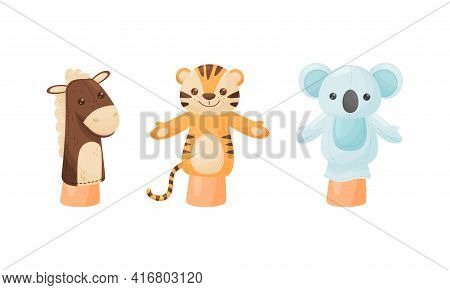 Hand Puppet Toy Made From Fabric Wore By Hand Vector Set