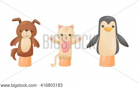 Hand Puppet Toy Made From Fabric Wore By Hand Vector Set