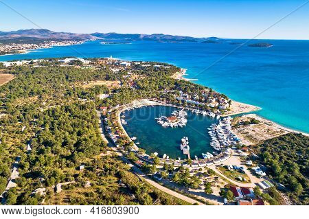 Solaris Sibenik. Adriatic Coast Landscape Aerial Panoramic View, Sibenik Archipelago, Dalmatia Regio