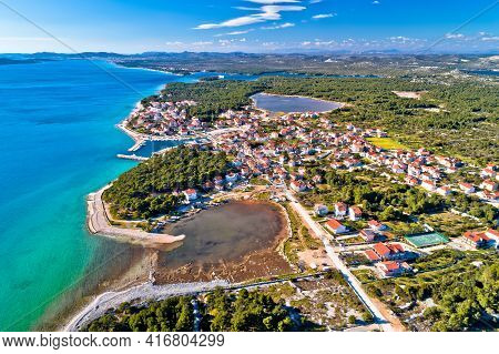 Coastal Village Of Zablace Aerial Panoramic View, Sibenik Archipelago, Dalmatia Region Of Croatia