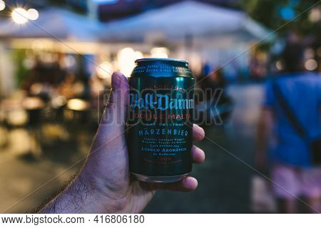 Madrid, Spain - August 6, 2018 - Beer In Hand From Voll-damm Doble Malta