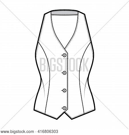 Halter Vest Pique Waistcoat Technical Fashion Illustration With Backless, V-neckline, Button-up Clos