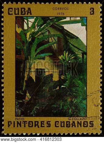 Moscow, Russia - April 11, 2021: Stamp Printed In Cuba, Shows Painting The Patio By Cuban Artist Gui