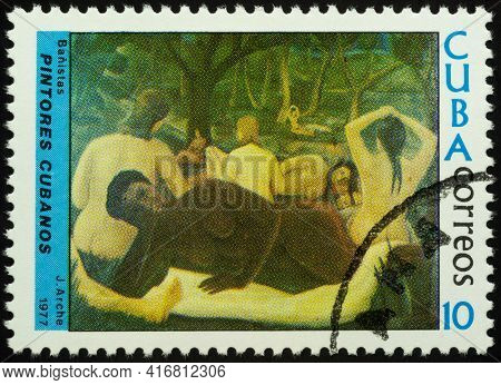 Moscow, Russia - April 12, 2021: Stamp Printed In Cuba, Shows Painting Bather By Jorge Arche (1905-1