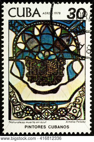 Moscow, Russia - April 10, 2021: Stamp Printed In Cuba, Shows Painting Still Life In Blue By Cuban P