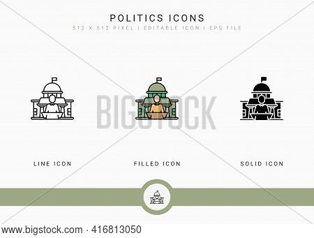 Politics Icons Set Vector Illustration With Solid Icon Line Style. Government Public Election Concep