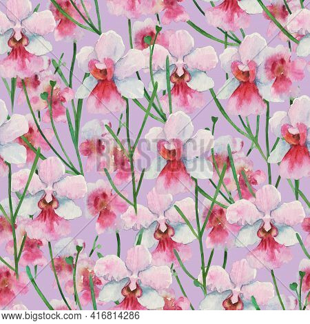 Seamless Pattern With Orchid Vanda Miss Joaquim, National Singapore Flower. Watercolor Painting.