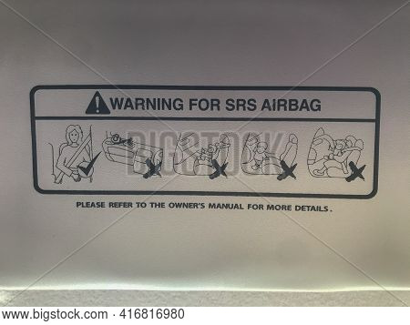 Selective Focus Of Car Alert Warning Sign For Srs Airbag