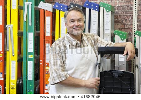 Portrait of happy middle-aged store clerk standing by multicolored ladders in hardware shop