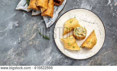 Thin Pancakes Or Crepes Stuffed Chicken Meat Served On A White Plate, Banner, Menu Recipe Place For 