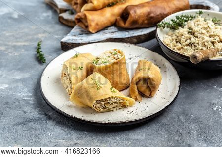 Russian Pancakes With Meat. Traditional Maslenitsa Meal. Homemade Filled By Chicken Meat Crepe Rolls