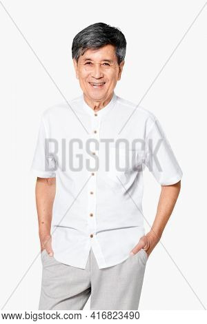 Senior Asian man in white collarless shirt apparel
