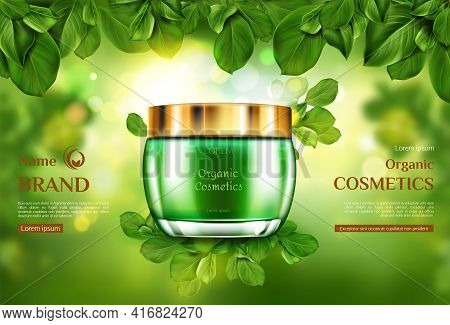Organic Cosmetics Product Jar Mockup On Green Blurred Background Framed With Tree Leaves. Advertisin