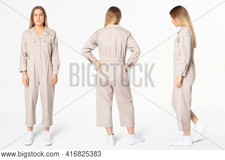 Blonde woman in beige jumpsuit with design space streetwear apparel full body set