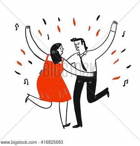 Lovers Are Dancing Happily, Hand Draw Doodle Style, Vector Illustration