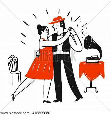 Lovers Are Dancing Happily, Hand Draw Doodle Style, Vector Illustration