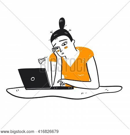 Illustration Of A Businessman Working Remotely Emotional Regret Or Sadness, Hand Drawn Vector Illust