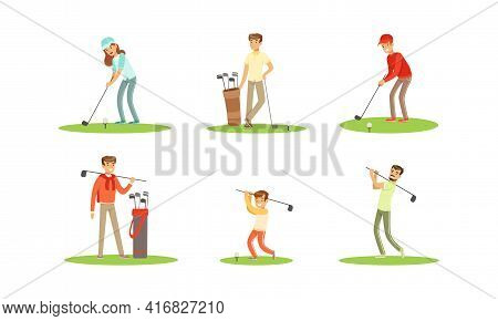 People Playing Golf Set, Men And Women Golfer Players Training With Golf Clubs, Sports Activity, Hob