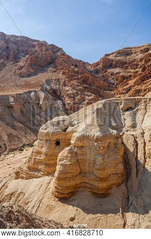 Cave of the Dead Sea Scrolls, known as Qumran cave 4, one of the caves in which the scrolls were found at the ruins of Khirbet Qumran in the desert of Israel.