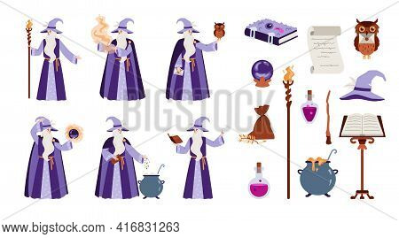 Wizard Or Sorcerer With Witchcraft Items, Flat Vector Illustration Isolated.