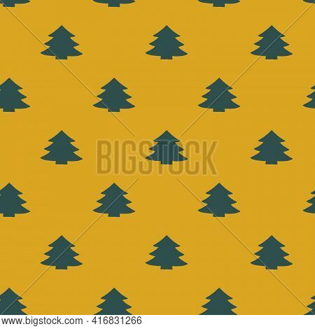 Seamless Pattern With Green Christmas Trees On A Yllow Background. Christmas Texture. Modern Style I
