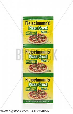 IRVINE, CALIFORNIA - AUGUST 20, 2019: Three packets of Fleischmann Pizza Crust Yeast. 