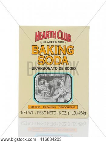 IRVINE, CALIFORNIA - MAY 22, 2019:  A box of Hearth Club Baking Soda from Clabber Girl. Sodium bicarbonate is used for baking, cleaning and deodorizing. 