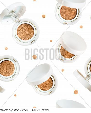 Seamless Pattern Of 5 Foundation Cushion Powder With Various Open Lids. Cosmetic Face Powder Isolate