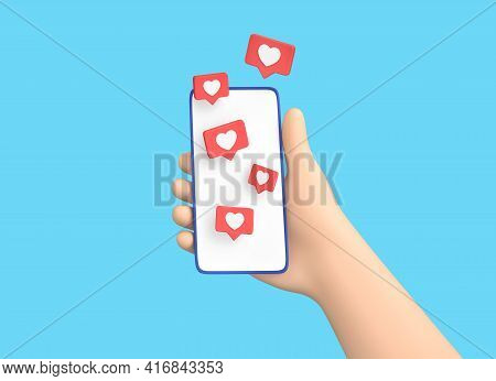 Cartoon Hand Holding Smartphone With Like Symbols Isolated On Blue Background. Social Media Concept.