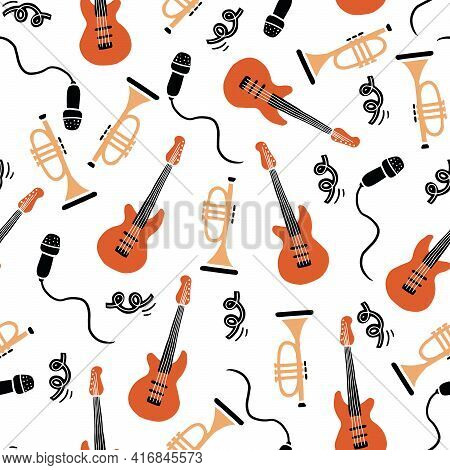 Hand Drawn Seamless Pattern Of Musical Instrument. Flat Sketch Style. Isolated Vector Illustration F