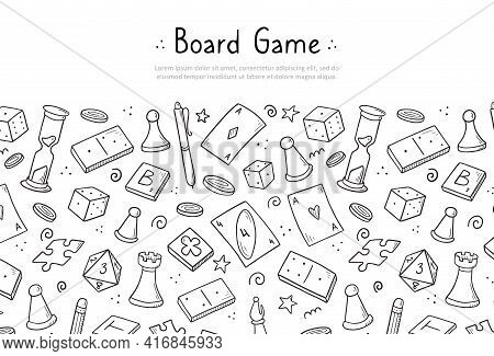 Hand Drawn Website Banner Template With Of Board Game Element. Doodle Sketch Style. Vector Illustrat