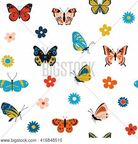 Butterfly Pattern. Cartoon Seamless Texture For Print With Colorful Flying Insects And Flowers. Vect