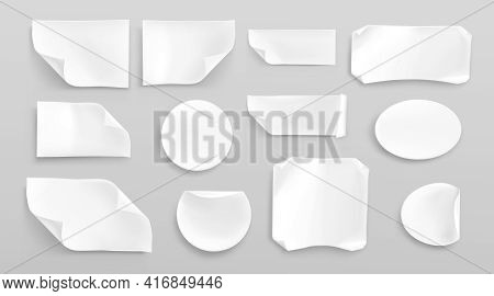 White Paper Stickers Or Crumpled Glued Patches Mockup. Blank Shrunken Labels Of Different Shapes Rou