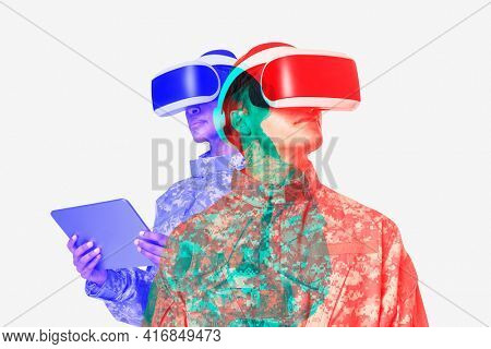 Female military wearing VR headset army technology in double color exposure effect