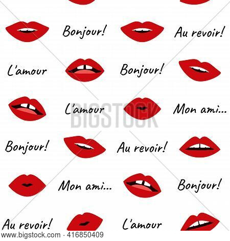 Lips Pattern. Seamless Sexy Red Woman Mouth Open And Closed, Pop Art Cartoon Fashion Design. Vector 
