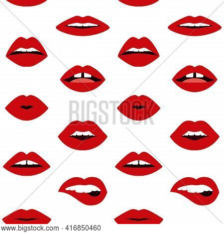 Lips Doodle Pattern. Seamless Woman Sexy Lips, Pop Art Trendy Design. Vector Lipstick Seamless Textu
