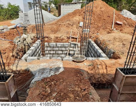 Closeup Of Construction Of New Building With Cement Block And M Sand Or Artificial Sand At Empty Fie