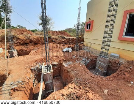 Closeup Of Construction Of New Building With Cement Block And M Sand Or Artificial Sand At Empty Fie